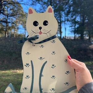 Hand Painted Wooden White  Cat Folk Art Shelf Sitter Country Cottage Decor 13"